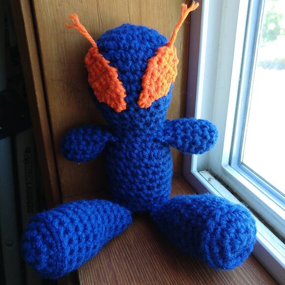 Blue Alien Amigurumi Doll Orange Eye antennae handmade crochet New ready to ship - Picture 1 of 11